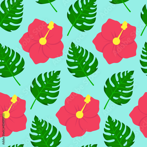 A seamless pattern of tropical flowers and monstera leaves.
