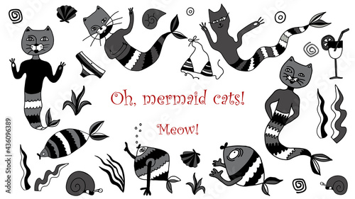 set of hand drawn cats. mermaid cat