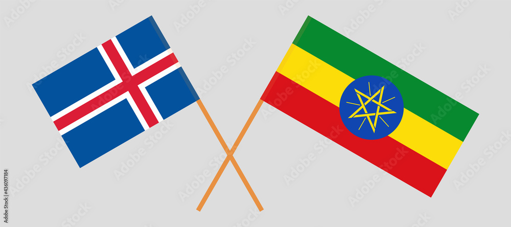 Crossed flags of Iceland and Ethiopia. Official colors. Correct proportion