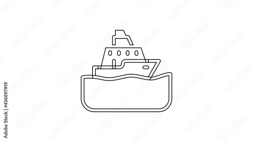 Black line Cruise ship icon isolated on white background. Travel tourism nautical transport. Voyage passenger ship, cruise liner. Worldwide cruise. 4K Video motion graphic animation Black line Cruise ship icon isolated on white background. Travel tourism nautical transport. Voyage passenger ship, cruise liner. Worldwide cruise. 4K Video motion graphic animation