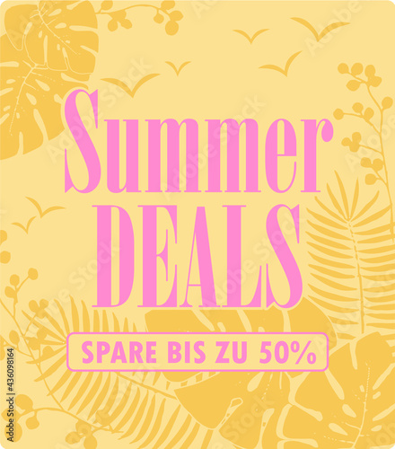 Sommerschlussverkauf Banner bis zu 50 Prozent Rabatt Gelb mit Blumen