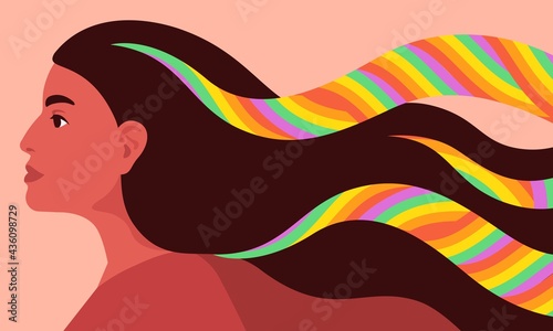 Concept vector illustration for LGBTQ rights, gender equity, human rights, against violence and homophobia, equality. Profile of proud woman with rainbow in her hair and positive look to the future