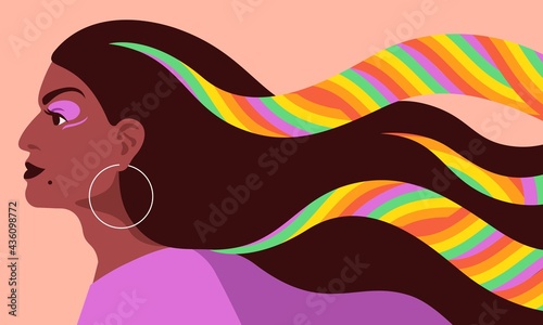 Concept vector illustration for LGBTQ rights, gender equity, human rights, equality, against violence, homophobia. Profile of proud African Drag queen, woman. Rainbow hair, positive look to the future photo