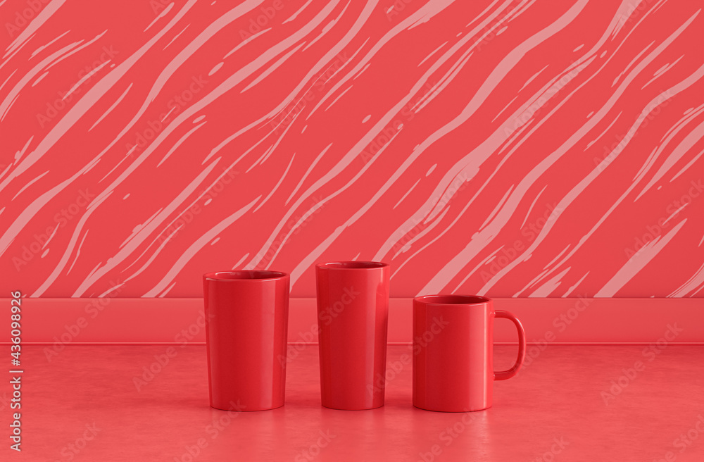 Obraz premium Three water classes side by side on pinkish kitchen countertop with wave pattern wall, close up front view, 3d rendering, no people
