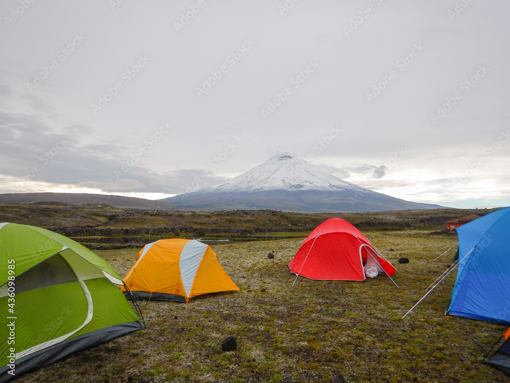 Camping in front of Cotopaxi volcano.