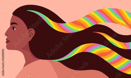 Concept vector illustration for LGBTQ rights, gender equity, human rights, equality, against violence, homophobia. Profile of proud African woman. Rainbow in her hair and positive look to the future