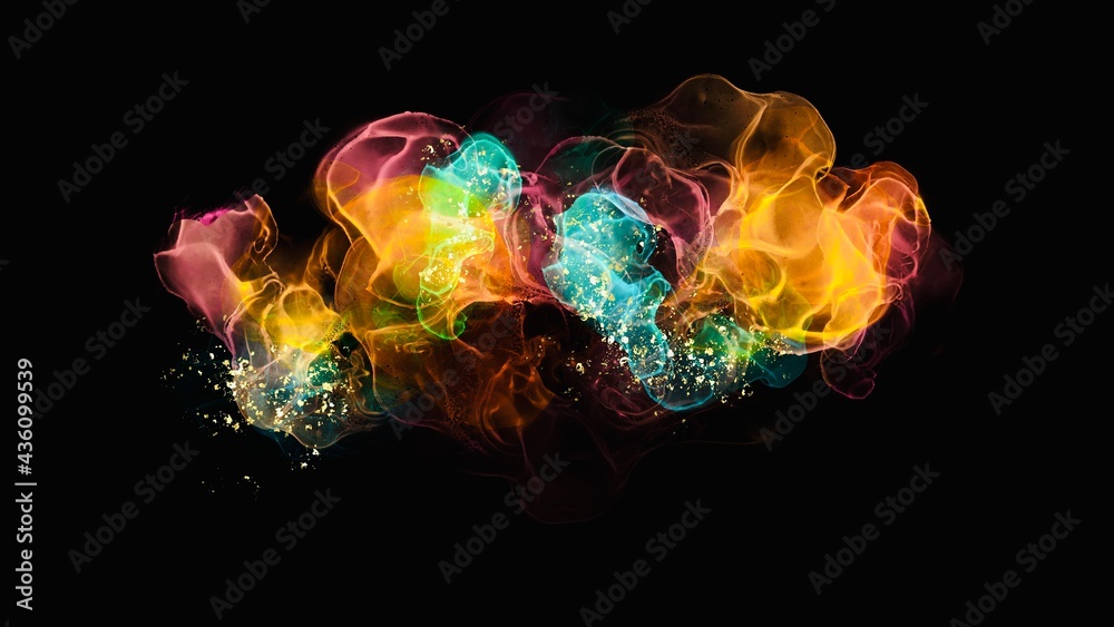 Obraz premium Abstract liquid smoke on the black background, fiery colours, fire explosion simulation with small gold elements splash