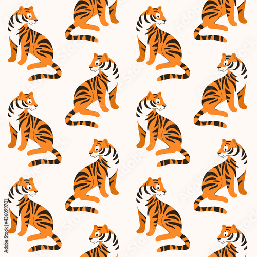 Seamless trendy animal pattern with tiger. Flat design print in cartoon style.