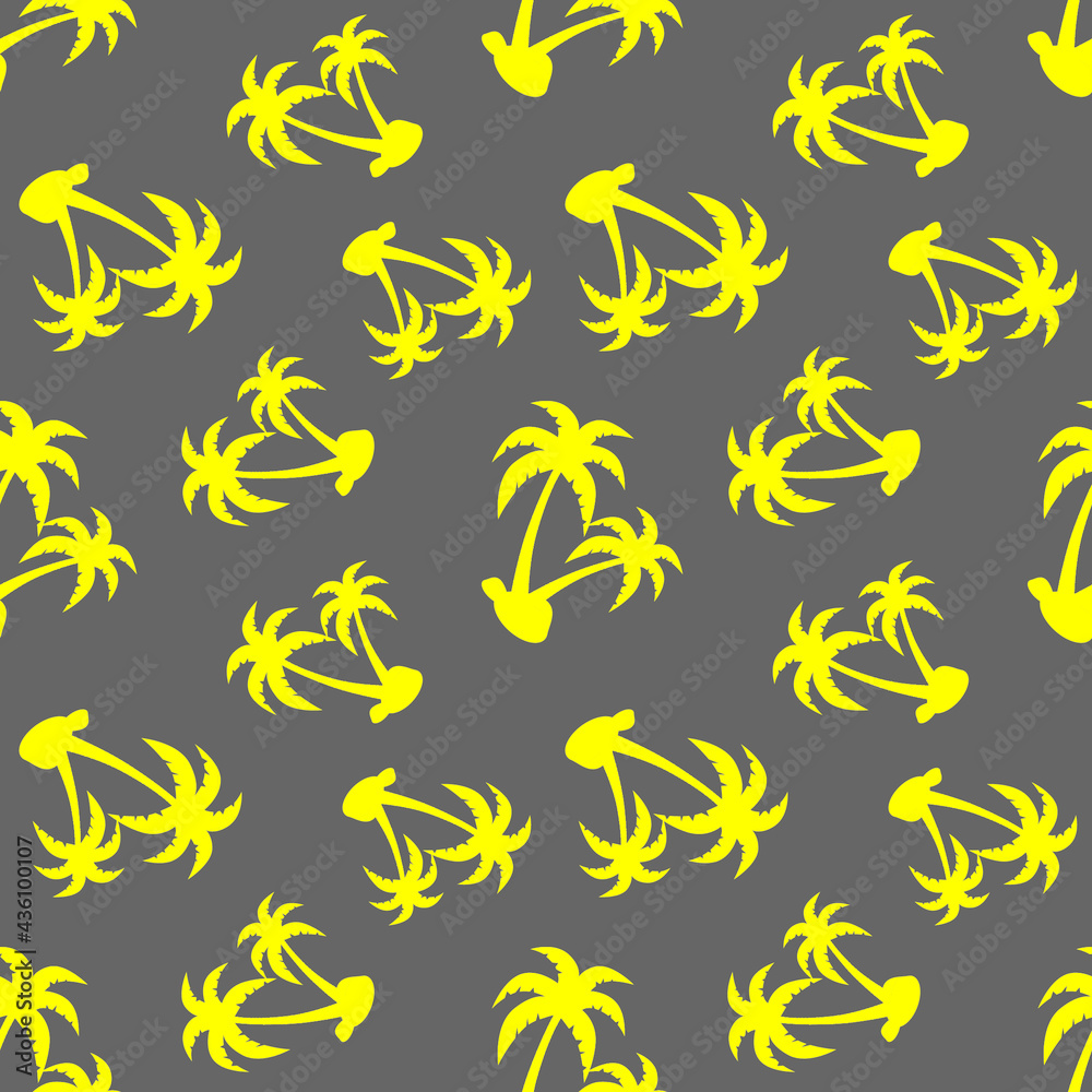 Tropical seamless pattern with palm trees and pink flamingos on blue background. Summer holidays. Vector illustration.