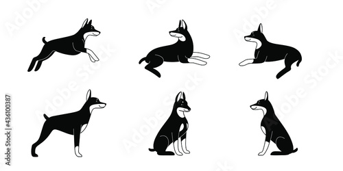 Cartoon dog icon set. Different poses of doberman. Vector illustration for prints, clothing, packaging, stickers.