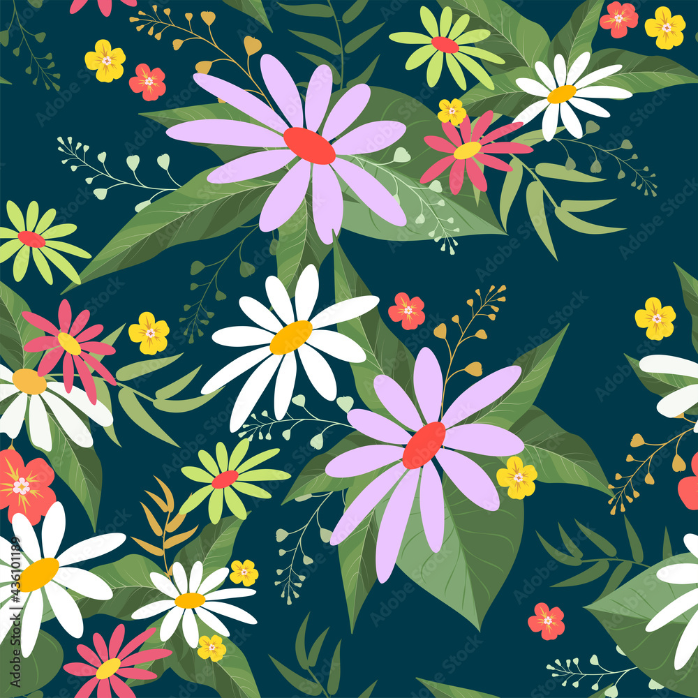 Vector illustration of a floral pattern. Wildflowers on a dark background.