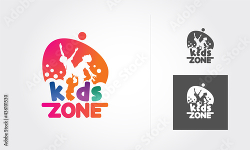 Kids play logo design, silhouette three kids playing together. playground logo for kids zone - Vector