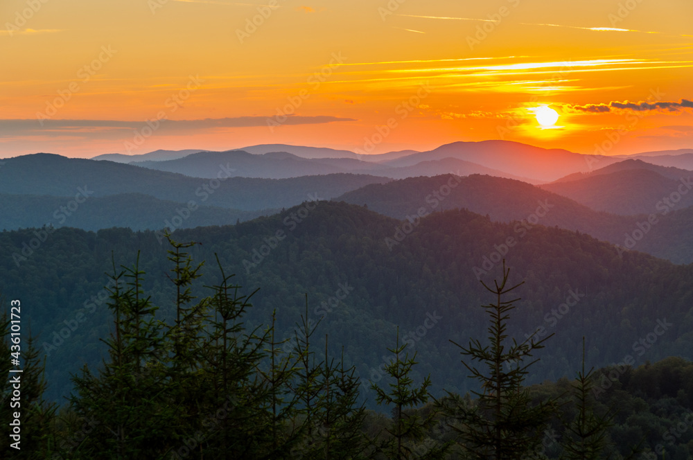 Sunset seen from Dwernik Kamień, multi-plan on the horizon, Bieszczady Mountains