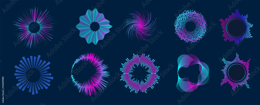 Vecteur Stock Radial sound wave curve with light particles. Circle audio  waves. Neon round music soundwave for equalizer. Multicolor audio lines  cliparts collection. Soundwaves, radio frequency. Vector illustration |  Adobe Stock