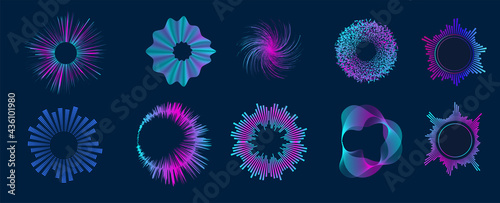 Radial sound wave curve with light particles. Circle audio waves. Neon round music soundwave for equalizer. Multicolor audio lines cliparts collection. Soundwaves, radio frequency. Vector illustration