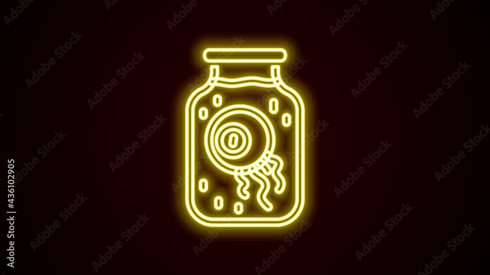 Glowing neon line Eye in a jar icon isolated on black background. Happy Halloween party. 4K Video motion graphic animation Glowing neon line Eye in a jar icon isolated on black background. Happy Halloween party. 4K Video motion graphic animation
