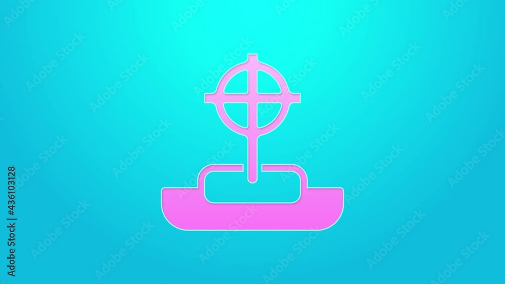 Pink line Tombstone with cross icon isolated on blue background. Grave icon. Happy Halloween party. 4K Video motion graphic animation
