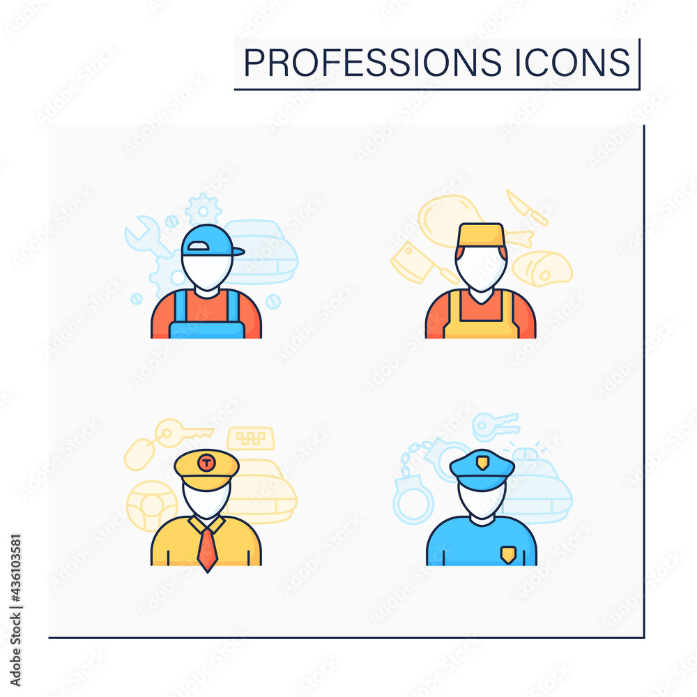 Professions color icons set. Taxi driver, policeman, auto mechanic, butcher. Various professions. Important jobs. Career concept. Isolated vector illustrations Professions color icons set. Taxi driver, policeman, auto mechanic, butcher. Various professions. Important jobs. Career concept. Isolated vector illustrations