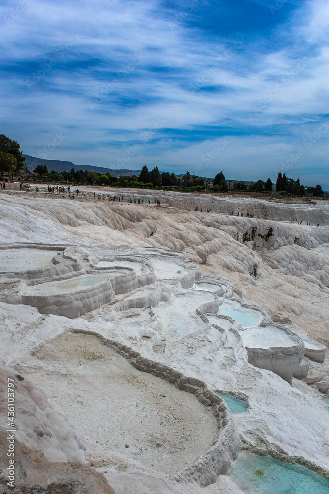 Carbonate mineral cliff with calcite-laden waters in Hierapolis Pamukkale in Turkey