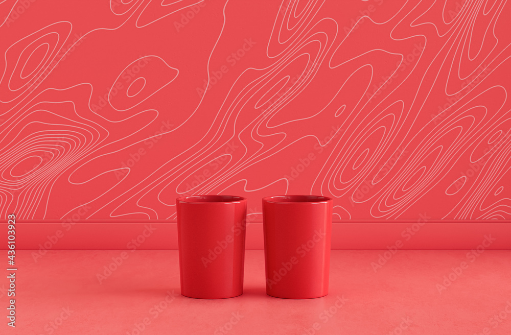 Obraz premium Two red color water glasses side by side on monochrome red color front view kitchen counter top with faience mosaic tessellated wall, 3d Rendering, close-up view