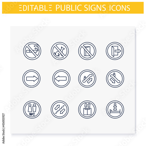 Public place signs line icons set.Clear and informative signage. Outdoor and indoor use. Universal public building signs concept. Isolated vector illustrations. Editable stroke