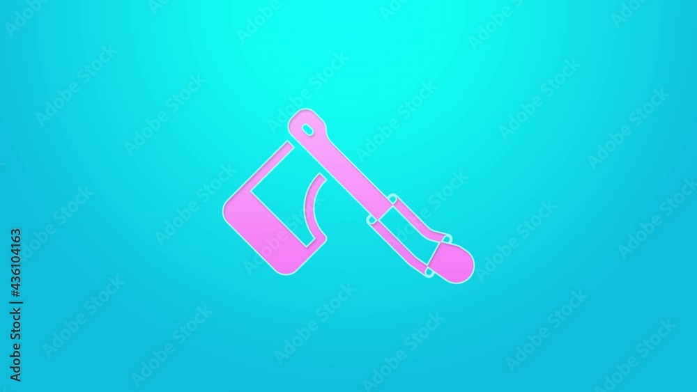 Pink line Wooden axe icon isolated on blue background. Lumberjack axe. Happy Halloween party. 4K Video motion graphic animation Pink line Wooden axe icon isolated on blue background. Lumberjack axe. Happy Halloween party. 4K Video motion graphic animation