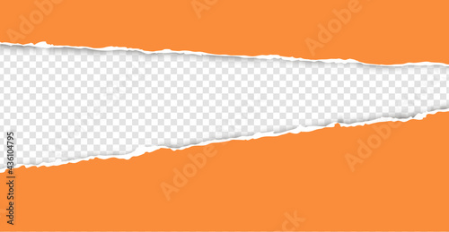 A torn, ripped strip of orange paper with a light shadow on a transparent background for text. A torn piece of cardboard.