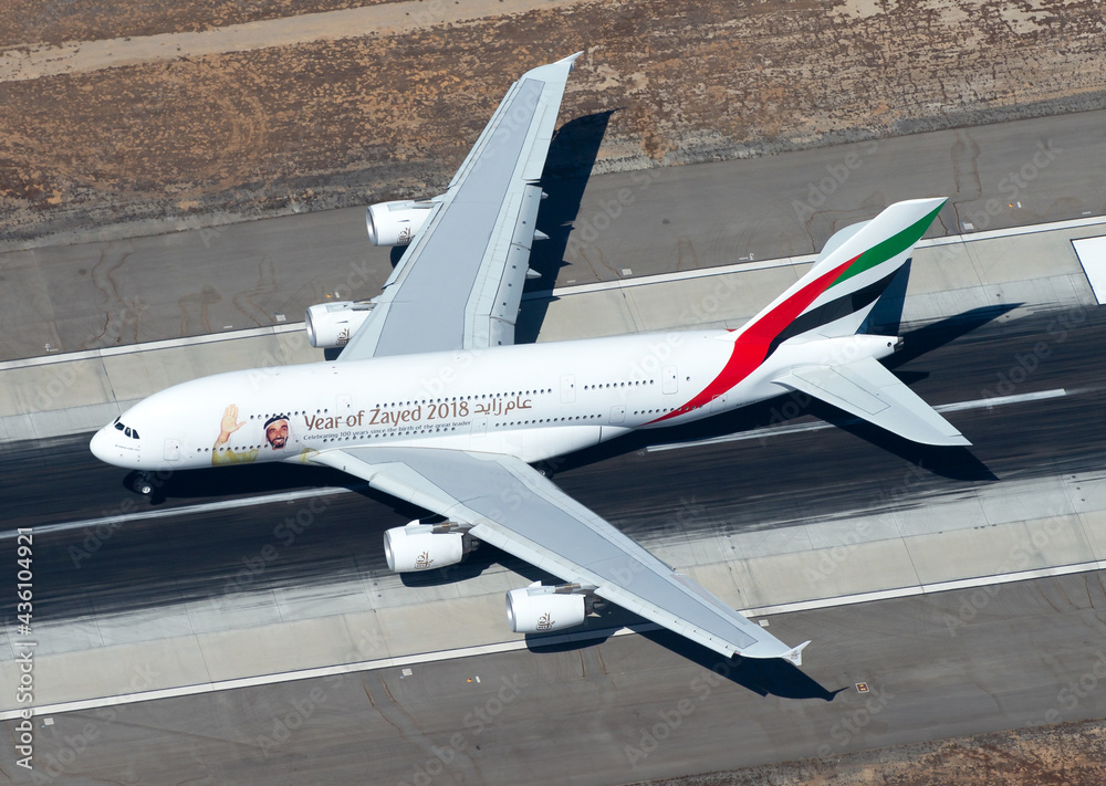 Emirates Airline Airbus A380 landing at Los Angeles LAX international