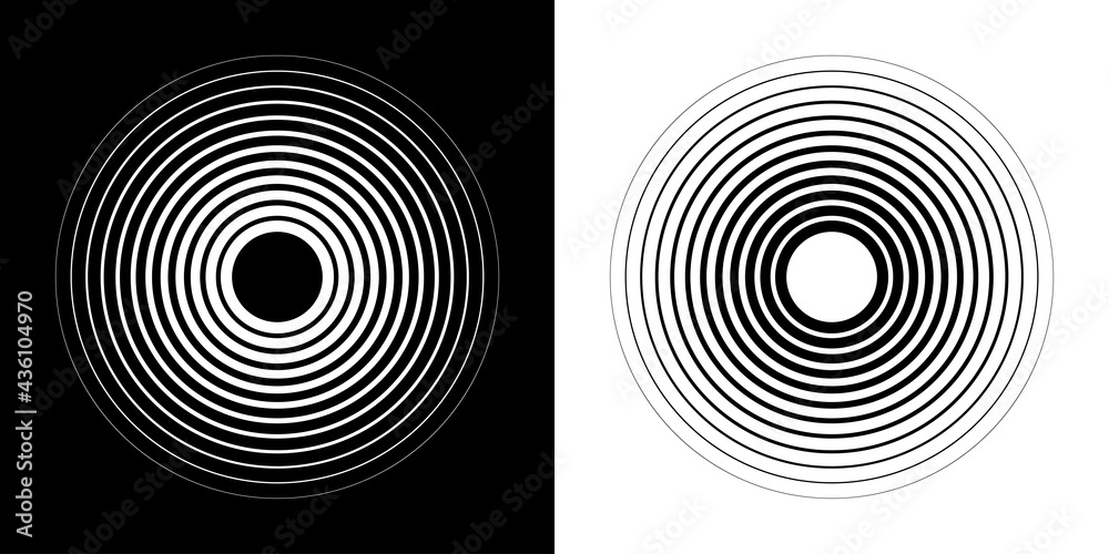 Monochrome texture with concentric circles. Abstract, hypnotic background. Black and white graphic design elements.