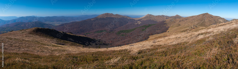 Panorama from the Rozsypaniec summit to the peaks of Tarnica, Halicz, Bukowe Berdko, Krzemien, Polonina Carynska, Kopa Bukowska, Bieszczady Mountains, Wołosate