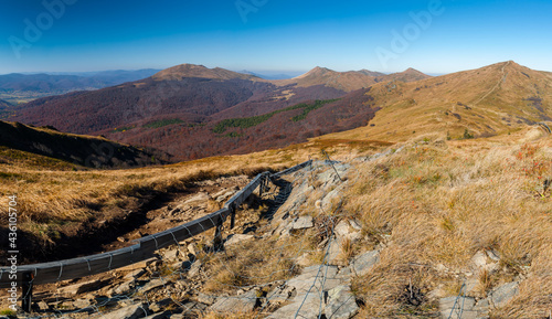 Fototapeta Naklejka Na Ścianę i Meble -  Panorama from the Rozsypaniec summit to the peaks of Tarnica, Halicz, Bukowe Berdko, Krzemien, Polonina Carynska, Kopa Bukowska, Bieszczady Mountains, Wołosate