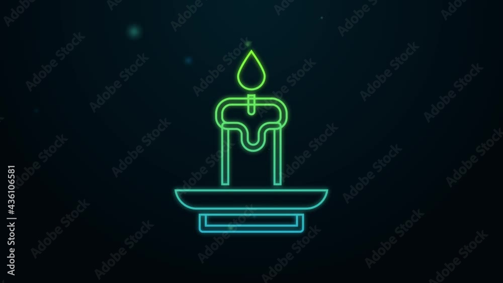 Glowing neon line Burning candle icon isolated on black background. Cylindrical aromatic candle stick with burning flame. Happy Halloween party. 4K Video motion graphic animation Glowing neon line Burning candle icon isolated on black background. Cylindrical aromatic candle stick with burning flame. Happy Halloween party. 4K Video motion graphic animation