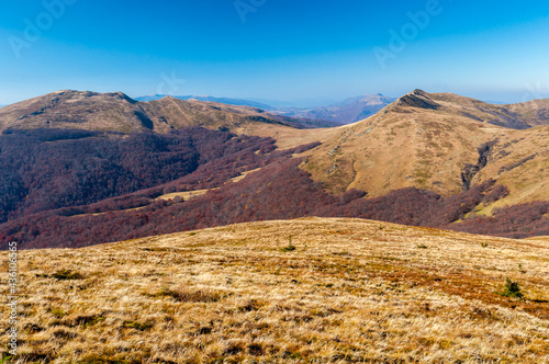 Panorama from the top of Halicz to Tarnica  Krzemien  Bukowe Berdo and Polonine Carynska  Bieszczady Mountains  Wo  osate 