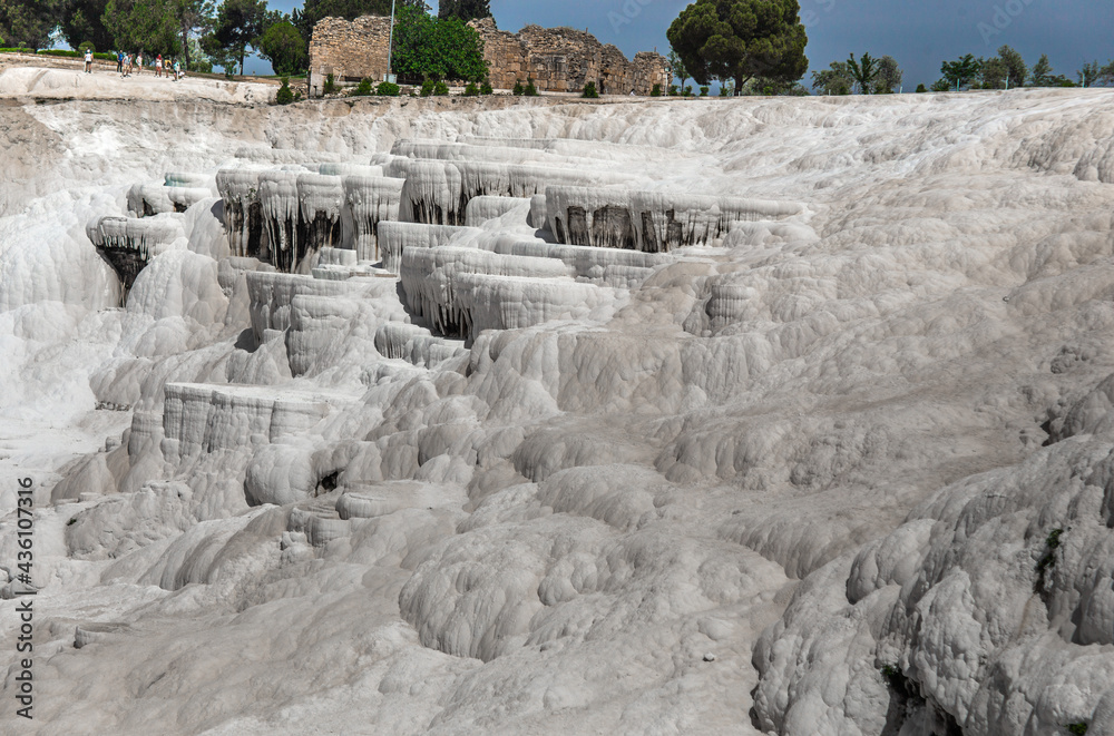 Carbonate mineral left by the flowing of thermal spring calcite-laden waters in Pamukkale Carbonate mineral left by the flowing of thermal spring calcite-laden waters in Pamukkale