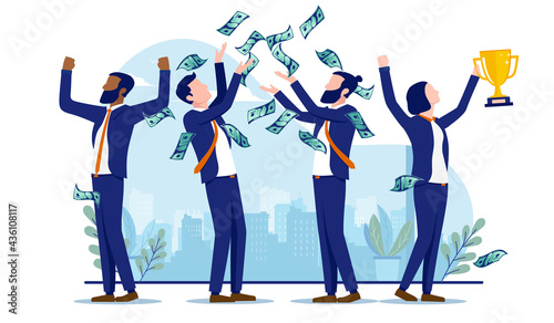 Business teamwork winners - Group of diverse businesspeople standing with arms raised winning trophy and making money. Success concept. Vector illustration with white background.