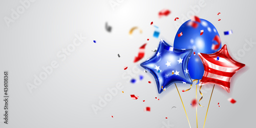 Background with several colored balloons in the colors of the USA flag and pieces of shiny serpentine. Illustration for the Independence Day of the United States of America