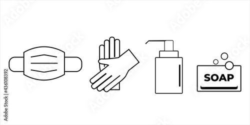 Personal protection equipment icons - medical mask, latex gloves, soap, dispenser. Coronavirus, covid 19 prevention items. Line, outline symbols. Mask icon. Vector illustrations