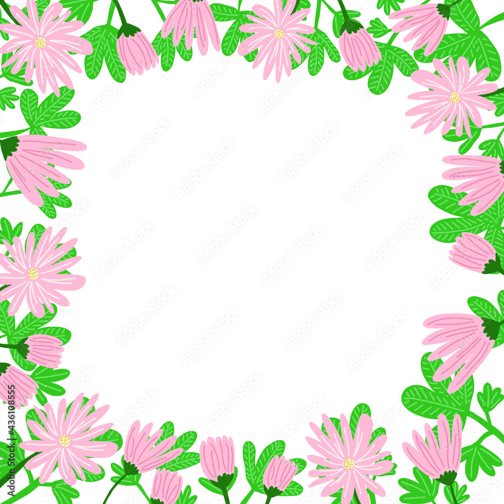 Square frame of flowers and leaves. Vector illustration.