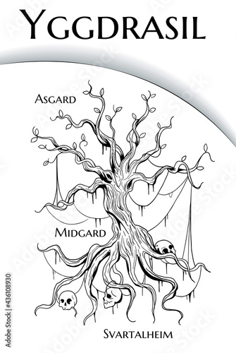 black and white illustration of Yggdrasil world tree from scandinavian mythology