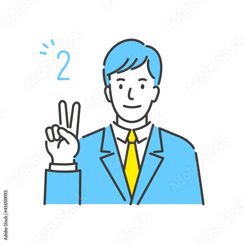 指を2本立ててピースサインをしたスーツ姿のビジネスマンのベクターイラスト © kakehashi