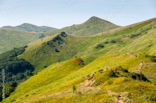 Panorama from the Rozsypaniec summit to the peaks of Tarnica  Halicz  Bukowe Berdko  Krzemien  Polonina Carynska  Kopa Bukowska  Bieszczady Mountains  Wo  osate