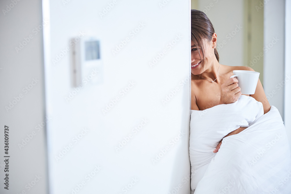 Pretty elegant woman covered in blanket in arm having fun in the morning in room indoors Pretty elegant woman covered in blanket in arm having fun in the morning in room indoors