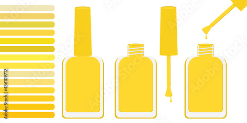 Palette with shades of yellow. And three bottles of red lacquer open and closed