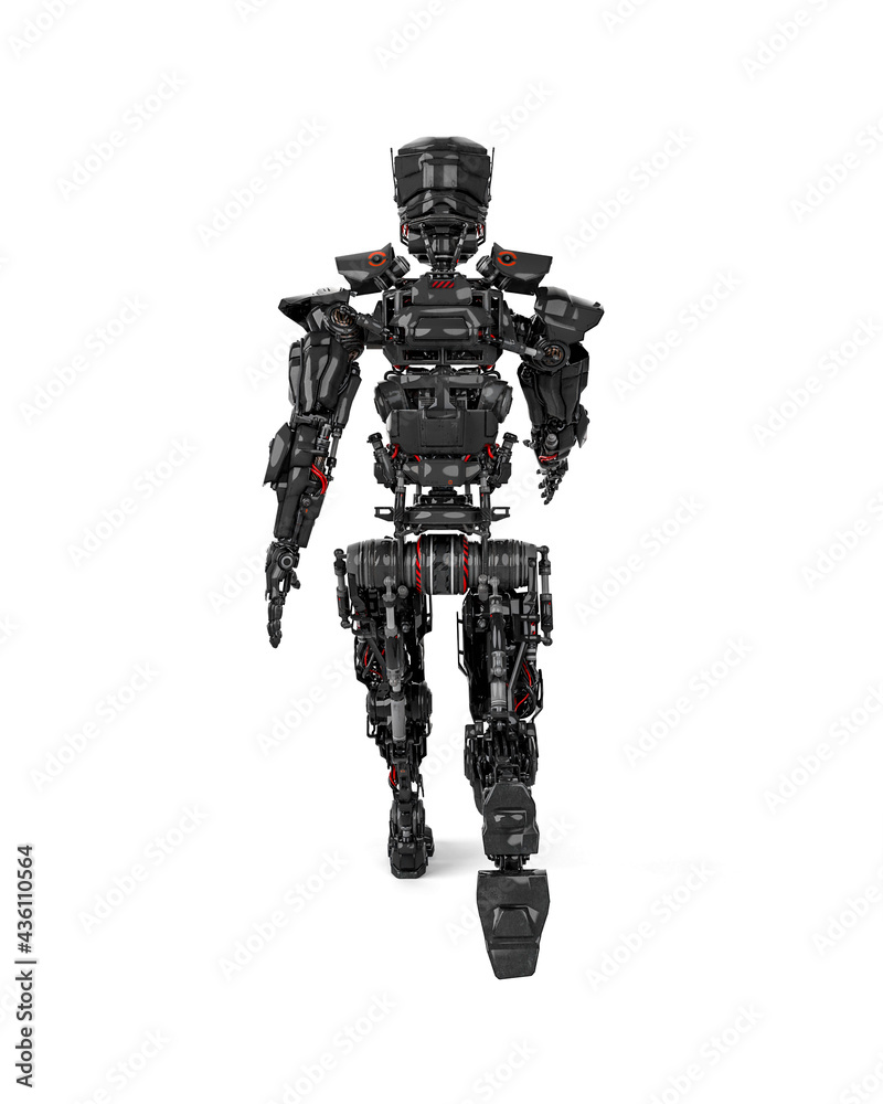 mega robot is walking on white background rear view