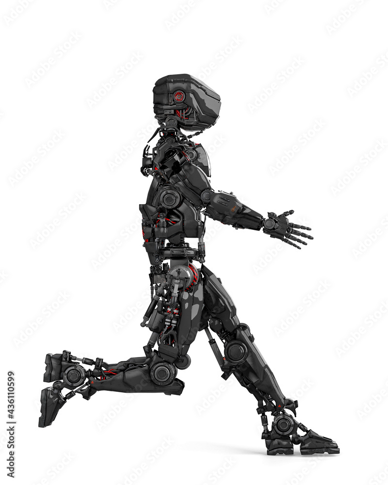 mega robot is walking on white background side view