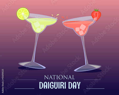 Two different Daiquiri alcoholic cocktails in cocktail glasses with strawberries and lime.
Vector design in flat style for National Day of Alcoholic Cocktail Cuban Descent Daiquiri July 19.