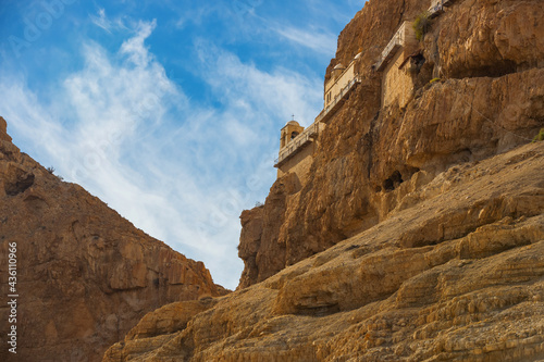 The Monastery of the Temptation and The Mount of Temptation in Jericho, Palestine. Greek Orthodox monastery. Judean desert