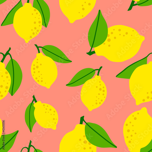 Lemon pattern seamless in bright colors. Repeat background with fruit vector pattern. Citrus fruit drawing. Great as wallpaper, fabric pattern or textile design.
