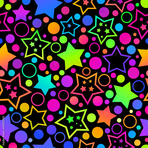 seamless background with bright festive neon stars