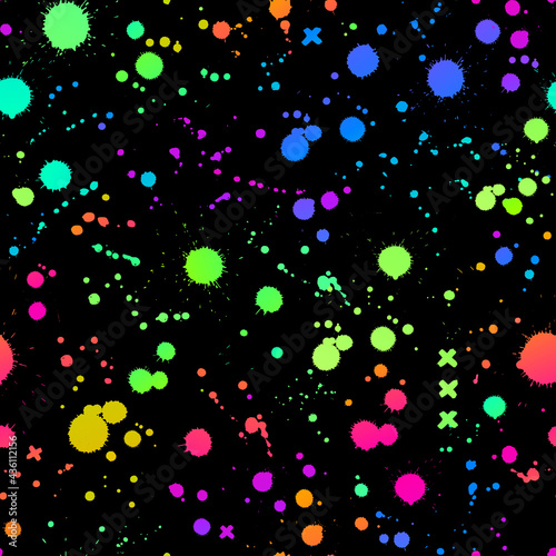 seamless illustration of bright drops of paints on a black background